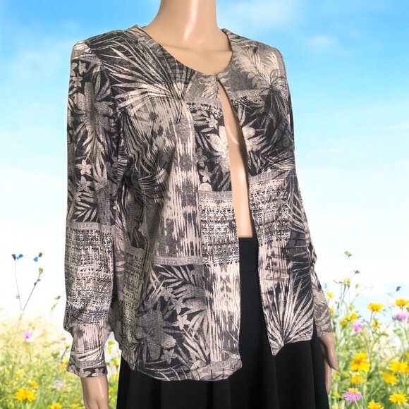 OLGA SANTONI Abstract Floral Print Open Front Cardigan Made in SPAIN Sz L - Picture 1 of 6